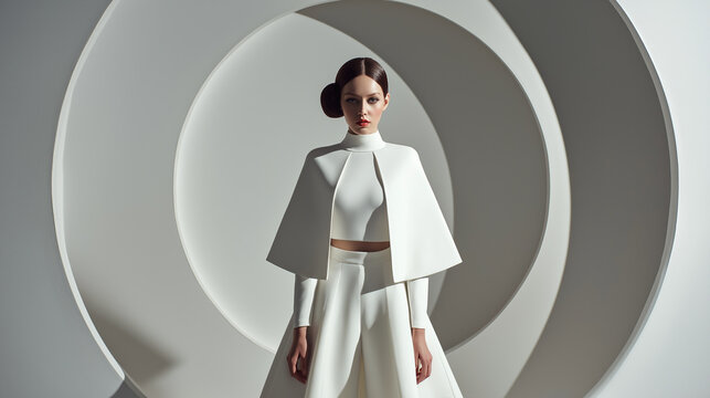 An expressive depiction of innovative haute couture with silver embellishments: a glimpse into bold fashion design - showcasing a stylish model in exquisitely detailed coatwear.