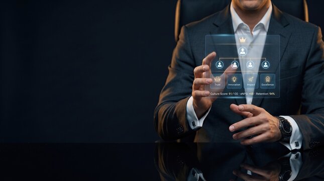 Executive leadership and corporate culture concept with CEO shaping holographic organization network, values dashboard and high employee engagement metrics in premium dark boardroom