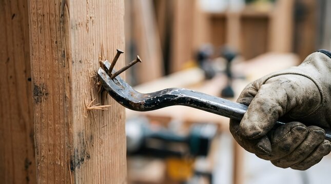 Close-up view of a carpenter wearing heavy leather gloves using a metal pry bar to pull rusty nails out of a wooden beam during house renovation work at a construction site.