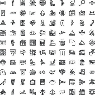 Diverse collection of thin line icons depicting a wide range of familiar objects, activities, and abstract ideas for design and user interface elements
