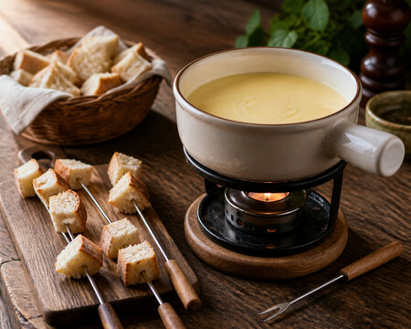 Ceramic fondue pot with melted cheese and bread skewers on rustic table, cozy cheese fondue dining concept