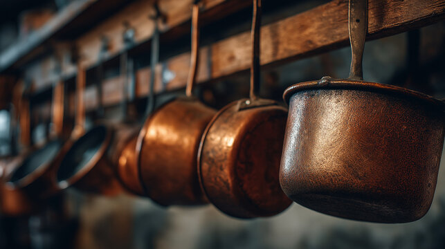 A top-tier content-ready image rustic kitchen scene: copper pots, brass utensils, and a steel pot rack against a worn wood background 