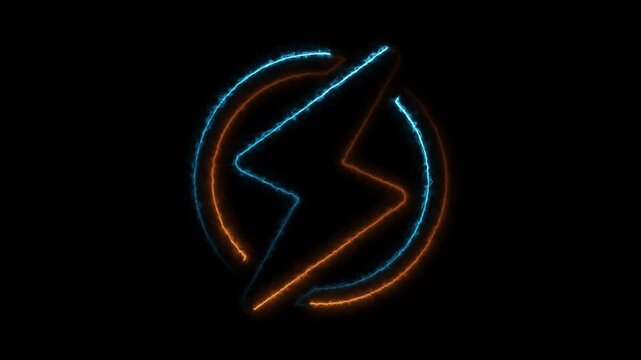 Neon battery charging icon animation, glowing lighting icon animation,  concept of lightning thunder electricity on black background