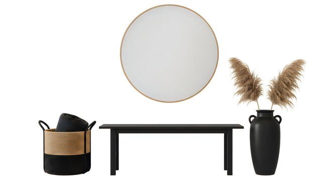 Modern entryway console table with round mirror pampas grass and storage basket decor