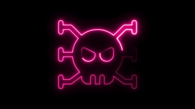 Cyber attack piracy and hacker neon icon 4k animation, technology and computer background neon light object with danger sing