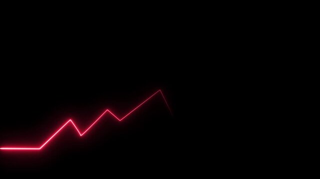 Glowing neon arrow business graph chart icon animation background, simple growth graph chart for websites, financial data and diagrams, trend red line graph on black background