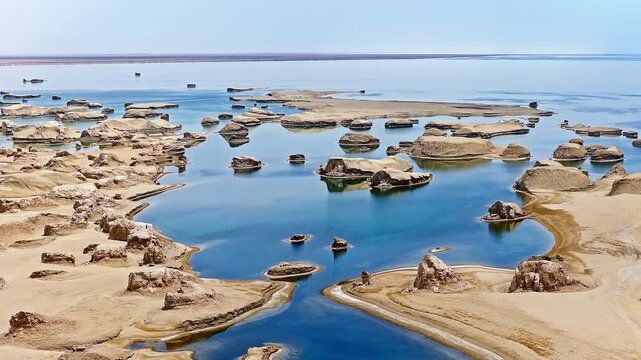 Aerial view of a unique water yardang landform with a blue lake and sandy desert under a blue sky in Qinghai, China