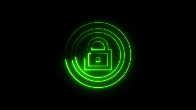 Dynamic neon green color lock animation icon, minimalist futuristic security lock icon,  security privacy safety animated on black background, 4k video