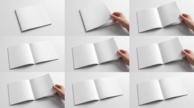 Blank square brochure mockup set, steps of turning pages empty booklet catalog, flyer, magazine design presentation 3d illustration