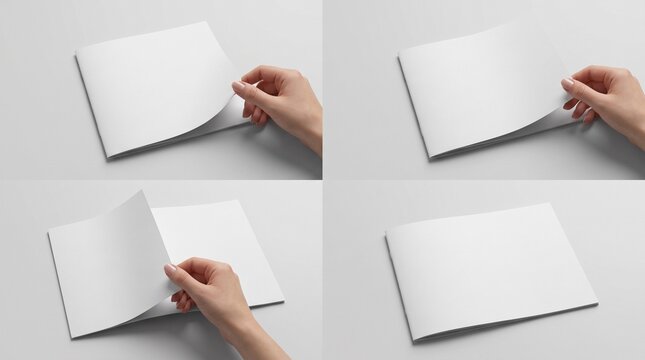 Set of square catalog mockups with blank white pages being opened by hands isolated on white background