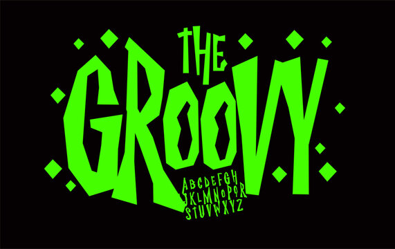 Groovy font, high uneven rough typeset, Halloween alphabet, crooked jumpy letters, witch style type, vector cartoon typographic design