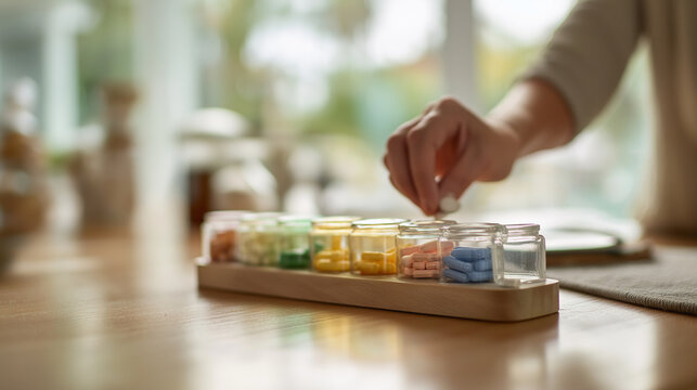 A creative asset designed around organized kitchen counter: storage containers & lids tidily arranged with fresh produce, prescription pills in h&m mason jars nearby.