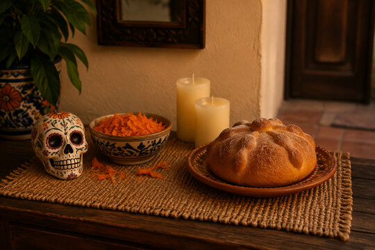 Entryway table with sugar skull, marigold petals, candles, and bread, Day of the Dead altar