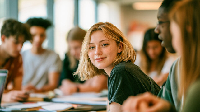 Natural looking female high school or college student sitting in a workgroup with fellow students in a classroom. She is looking into the camera and the others are blurred.