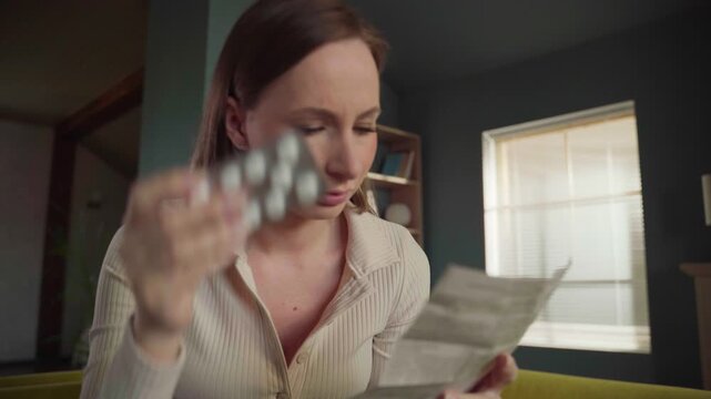 Young woman sitting on a sofa feeling unwell and carefully reading the patient information leaflet before taking pills, checking for side effects, dosage, and contraindications