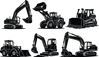 Heavy construction machinery silhouettes set including excavators front loaders wheel loader and bulldozer vector icons illustration © Shipra