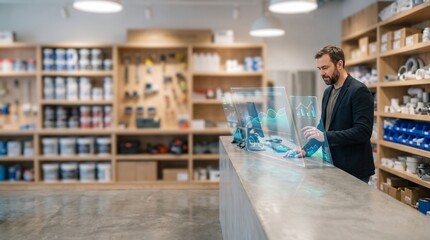 Fototapeta premium AI Hardware Store Inventory and Sales Analytics with Holographic Interface
