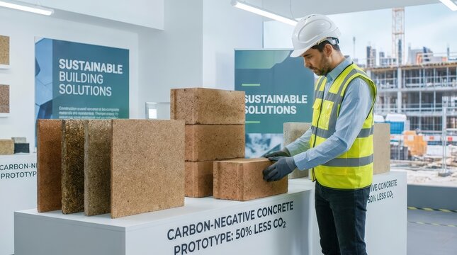 Carbon negative concrete and sustainable construction materials displayed in an innovation center for low carbon building.