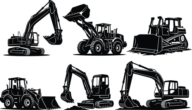 Heavy construction machinery silhouettes set including excavators front loaders wheel loader and bulldozer vector icons illustration