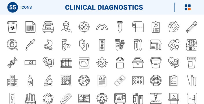 Stool Sample Testing line icon set. Vector pictograms of laboratory, diagnostic, specimen, and microbiology elements, thin linear illustration.