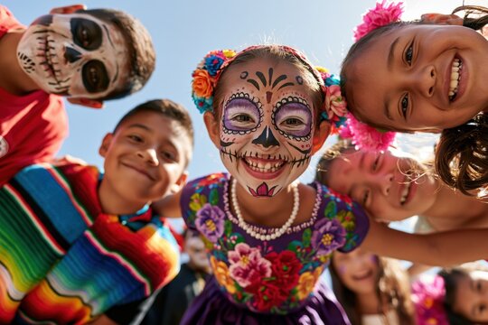Portrait of children with sugar skull face paint during day of the dead celebration. Smiling Children in Colorful Sugar Skull Makeup Celebrating Day of the Dead