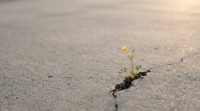 Small yellow wildflower sprouting through cracked concrete sidewalk in urban resilience
