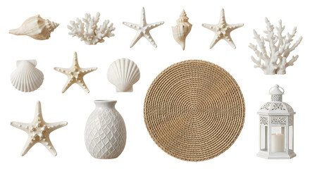 Obraz premium Set of sea shells starfish coral and decorative coastal home decor items collection