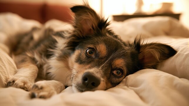 Close-up image of a relaxed small dog with brown and black fur lying on soft bed sheets in warm natural light at home, displaying attentive expression and cozy atmosphere