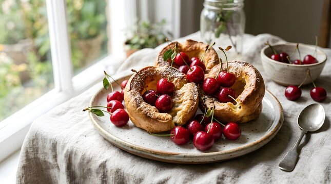 Freshly baked popovers topped with ripe cherries on a table by a window for breakfast