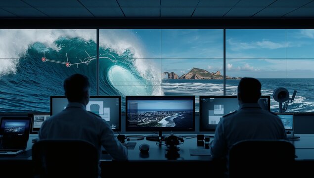Operators in a command center monitoring a large digital ocean display