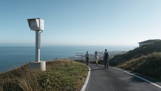 Speed camera on a coastal road with people walking by the sea
