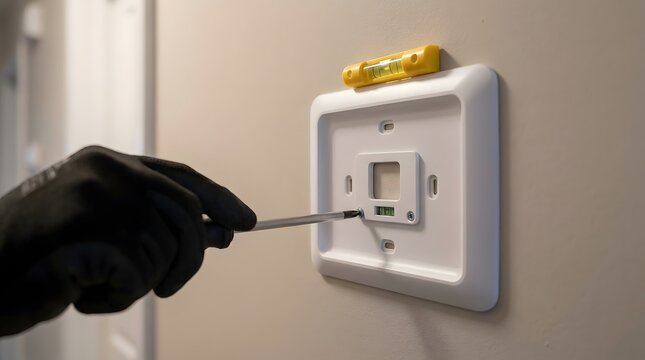 Technician in black gloves uses a screwdriver to install a white smart thermostat wall plate on a beige wall..