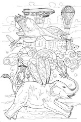 A complex, surreal black and white line art drawing featuring a chaotic sky filled with a winged elephant, a flying patterned fish, a heron bird, a hot air balloon, and a zeppelin amidst swirling clou © Berlind