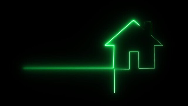 Glowing neon blue color home icon animation black background Home icon house sign glowing neon lights seamless loop .Neon line home icon. 
