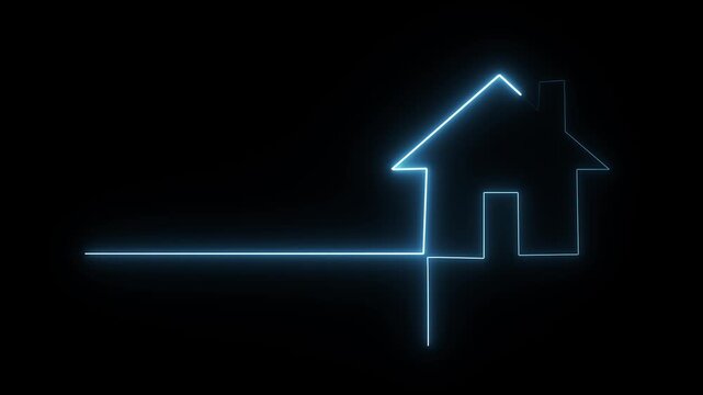 Glowing neon blue color home icon animation black background Home icon house sign glowing neon lights seamless loop .Neon line home icon. 