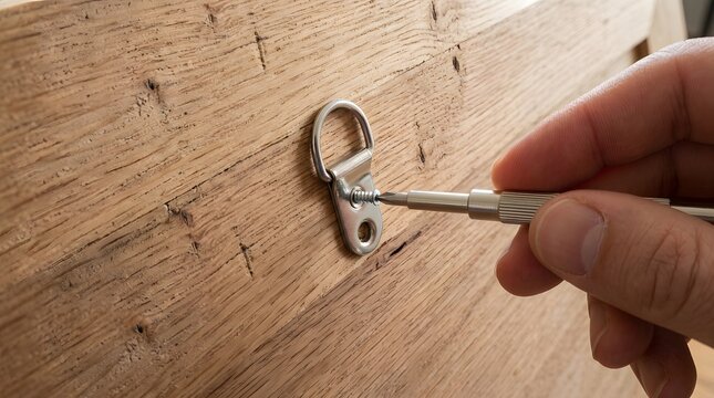 Close up of hand using a screwdriver to attach a silver D-ring hanger to rustic wooden board natural lighting.