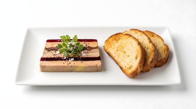 Gourmet layered pate terrine slice garnished with herbs served with toasted bread slices sliced bread fine dining meat terrine meat dish