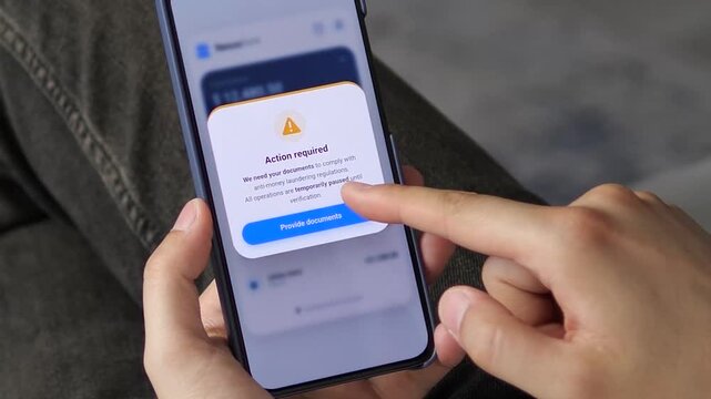 Mobile banking user submits identity documents after a compliance alert, highlighting digital KYC checks, financial security and modern anti-fraud verification.