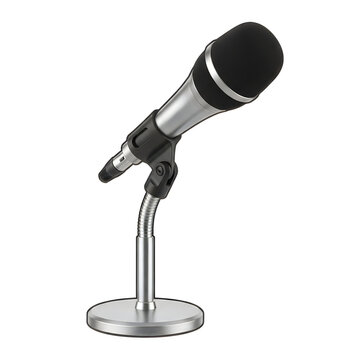 Professional silver vocal microphone on a small metal desktop stand for recording