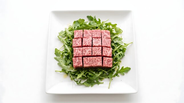 Raw meat cubes arranged on a bed of fresh green arugula leaves served on a square white plate with beef cubes food presentation appetizer