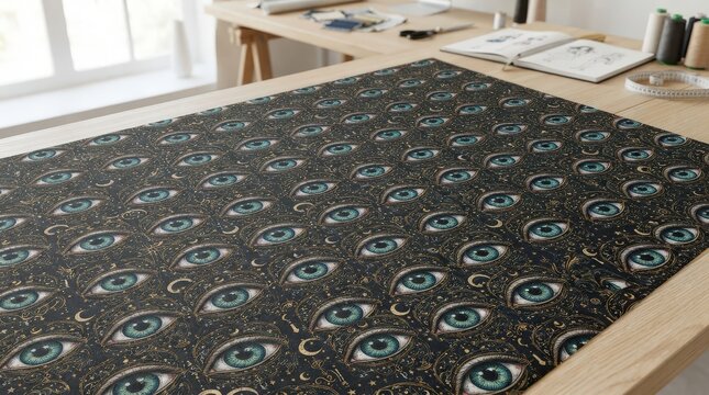 Dark fabric with repeating mystical eye pattern on a sewing table for Halloween crafts, textile projects and gothic design.