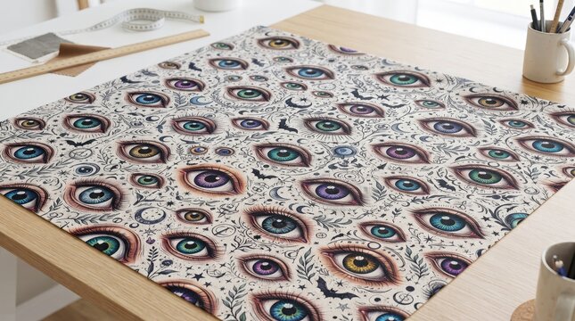 Dark fabric with repeating mystical eye pattern on a sewing table for Halloween crafts, textile projects and gothic design.