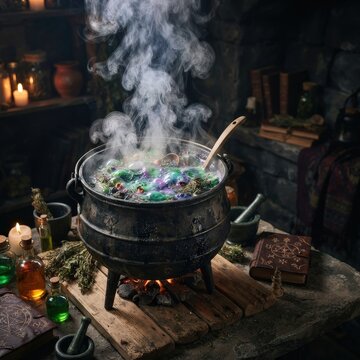 Smoking witch cauldron with magical potion for Halloween party advertising, fantasy storytelling and spooky seasonal decorations.