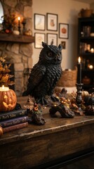 Obraz premium Black raven perched among Halloween decorations for spooky storytelling, gothic home decor and seasonal event promotions.