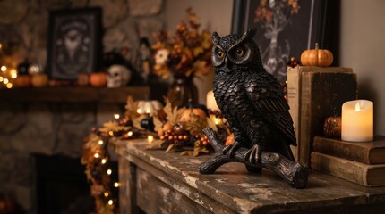 Obraz premium Black raven perched among Halloween decorations for spooky storytelling, gothic home decor and seasonal event promotions.