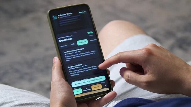 User builds and improves a professional resume on a smartphone with AI assistance, highlighting automated career tools, skills optimization and the changing digital job market.