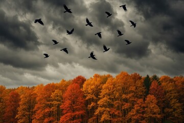 Naklejka premium Crows soar above autumn forest background