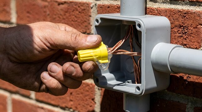 Close up hand installing a yellow wire nut on copper ground wires in a junction box on a red brick wall today.