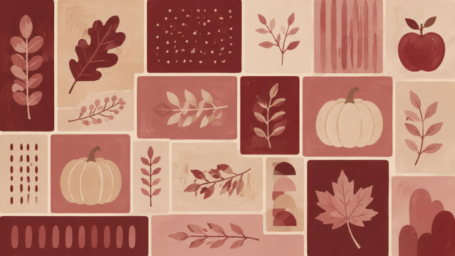 Autumn botanical collage with pumpkins leaves and branches