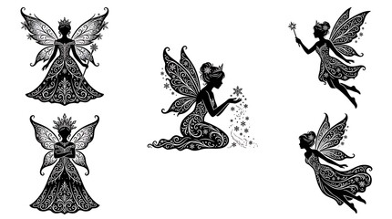 Obraz premium Fairy silhouette icon set with magical wings and fantasy queen characters in black ink.